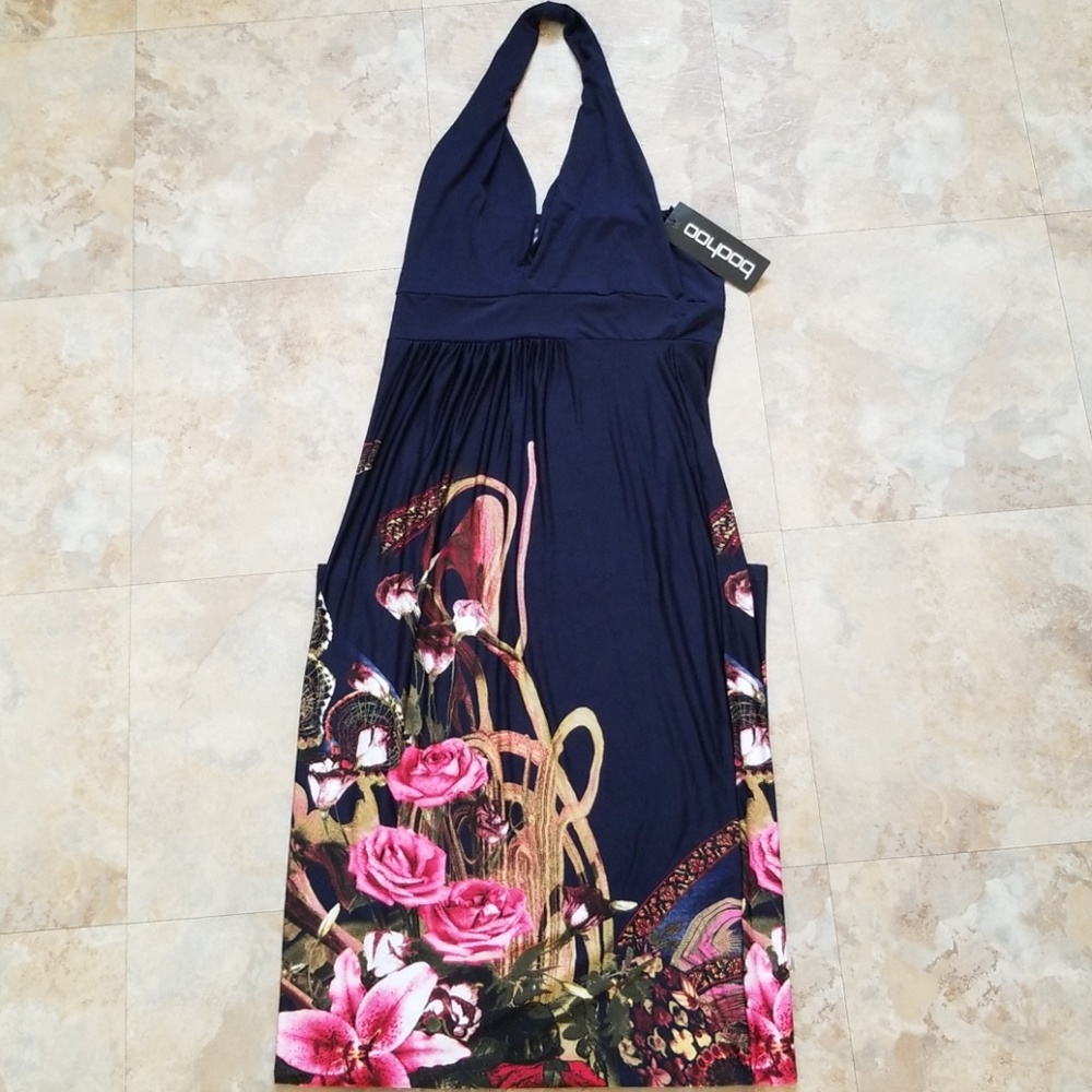 Boohoo Bethany Border Print Halter Maxi Dress